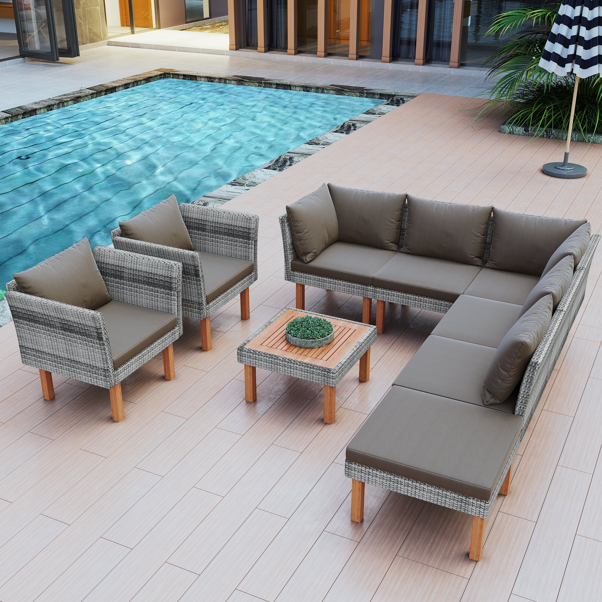 9-Piece Outdoor Gray PE Rattan Sofa Set with Wood Legs, Acacia Wood Tabletop, Armrest Chairs with Gray Cushions