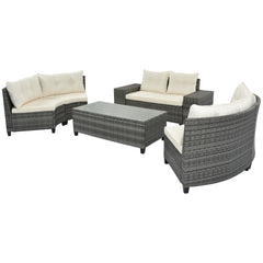 8-pieces Outdoor Wicker Round Sofa Set, Half-Moon Sectional Sets With Rectangular Coffee Table, Movable Cushion, Beige