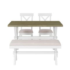 4 Pieces Farmhouse Rustic Wood Kitchen Dining Table Set with Upholstered 2 X-back Chairs & Bench, Gray Green+White+Beige