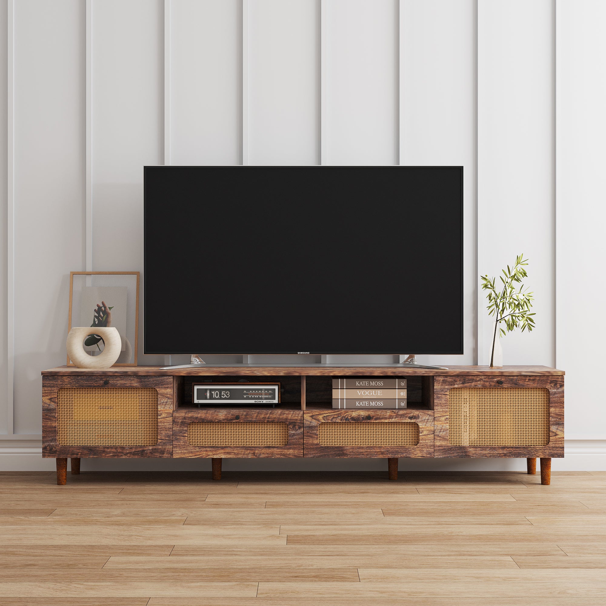 Farmhouse TV Stand with 2 Doors and 2 Open Shelves, Oak