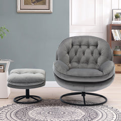 NOBLEMOOD Swivel Accent chair with Ottoman, Velvet Upholstered Lounge Sofa Chair for Living Room Bedroom, Grey