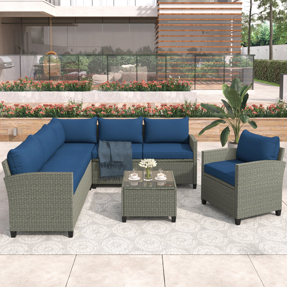 5 Piece Outdoor Sectional Sofa with Coffee Table, Blue Cushions