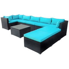 9-piece Outdoor Wicker conversation Sectional Sofa Sets with 2 Ottomans, 1 Glass Coffee Table, Removable Soft Cushions (Black Wicker, Blue Cushion)