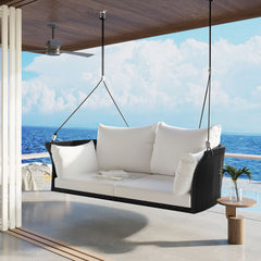 2-Person Rattan Woven Swing Chair, Porch Swing With Hanging Ropes, Cushions