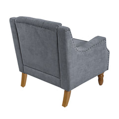 NOBLEMOOD Accent Chair with Vintage Brass Studs and Wood Legs, Button Tufted Upholstered Armchair, Gray