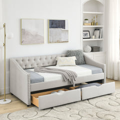 NOBLEMOOD Twin Size Daybed with Drawers Upholstered Tufted Sofa Bed with Button on Back and Copper Nail on Waved Shape Arms, Beige