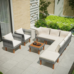 9-Piece Outdoor Gray Rattan Sofa Set with Wood Legs, Acacia Wood Tabletop, Armrest Chairs with Beige Cushions