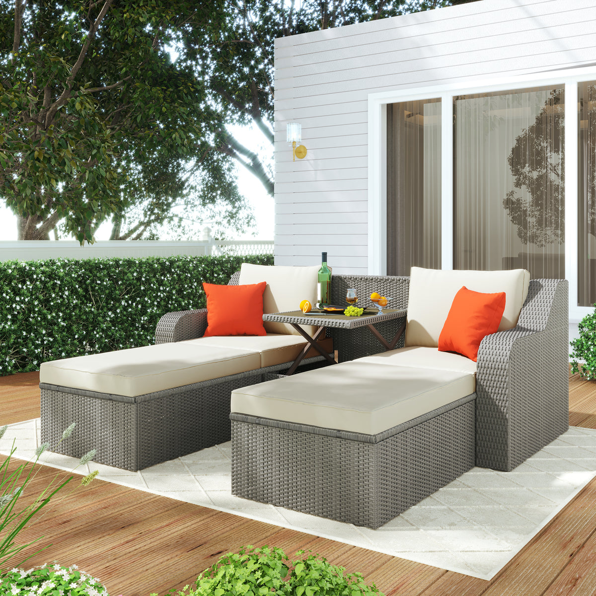 3-Piece Patio Wicker Sofa with Cushions, Pillows, Ottomans and Lift Top Coffee Table