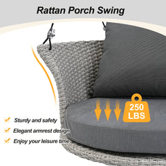 33.8” Rattan Woven Swing Chair, Porch Swing With Hanging Ropes, Gray