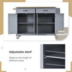 54.3" Kitchen Island Cart with Solid Wood Top, Locking Wheels, 4 Door Cabinets, Two Drawers, Spice Rack & Towel Rack, Grey Blue