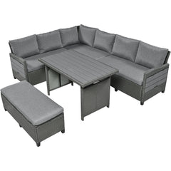 5-Piece Patio Rattan Dining Set with 2 Extendable Side Tables, Washable Covers, Gray