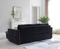 Velvet Sectional Sofa with Pull-Out Bed,Reversible Chaise and Storage Bin, Black