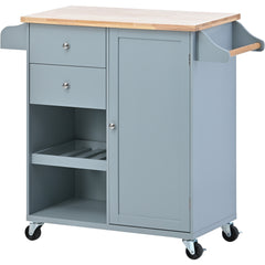 Kitchen Cart with Wine Rack, Towel Rack, Two Drawers, Rubber Wood Top & 4 Wheels for Dining Room, Kitchen & Living Room, Grey Blue