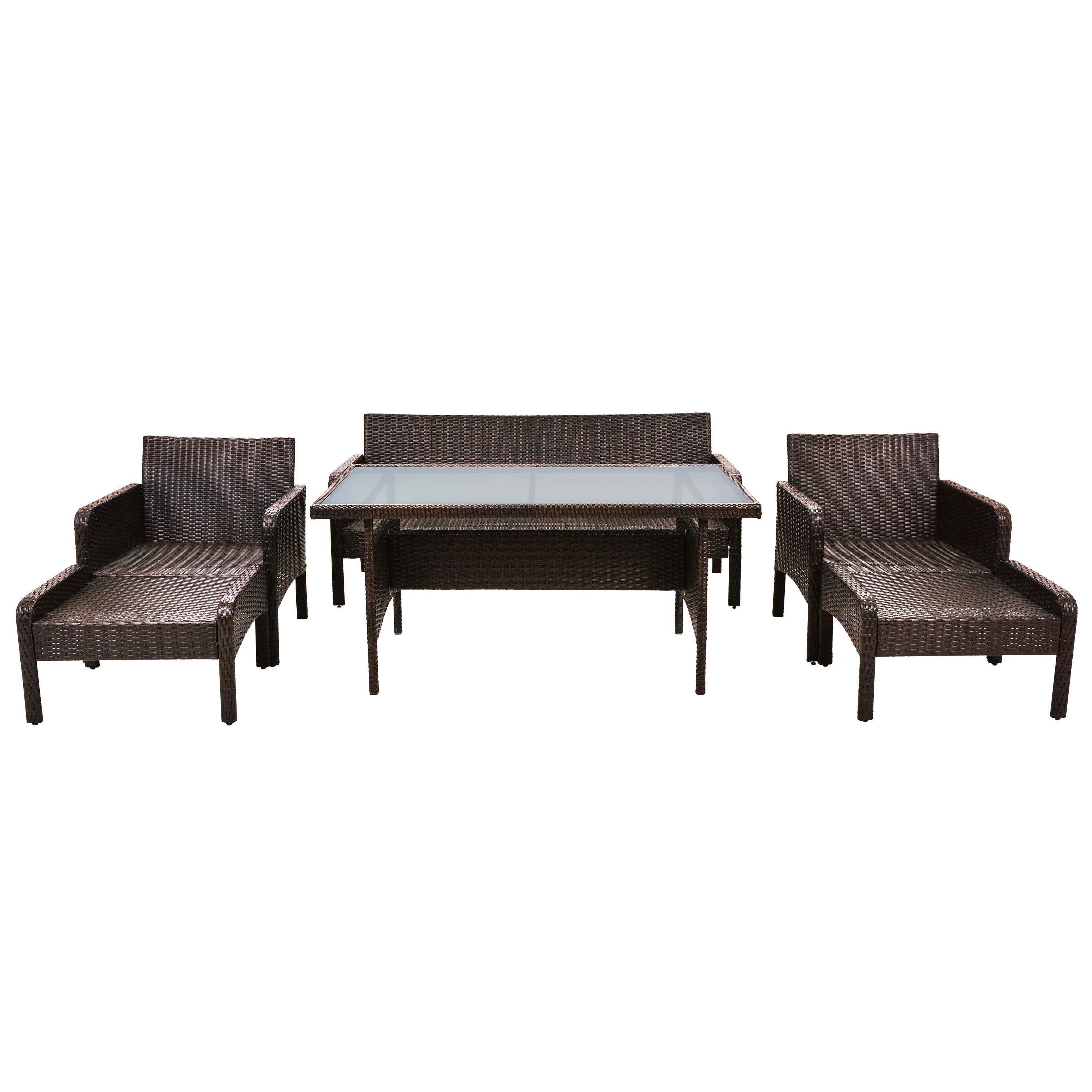 6-Piece Outdoor Rattan Sofa Set with Dining Table, Removable Cushions and Tempered Glass Tea Table, Brown Wicker+Light Coffee Cushion