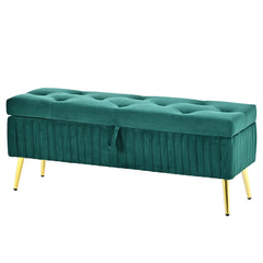 NOBLEMOOD Button-Tufted Ottoman w/ Storage, End of Bed Storage Bench w/ Safety Hinge, Solid Wood Frame, Metal Legs, Sofa Ottoman for Living Room, Entryway
