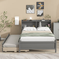 Full Bed with Bookcase,Twin Trundle with Drawers, Gray