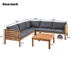 Outdoor Wood Sofa Set with Gray Cushions, Water-Resistant & UV Protected Texture, Coffee Table