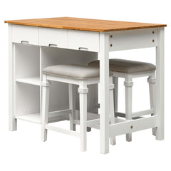 3-Piece 45" Stationary Rubber Wood Kitchen Island Set with 2 Seatings, 2 Shelves & 3 Drawers, White