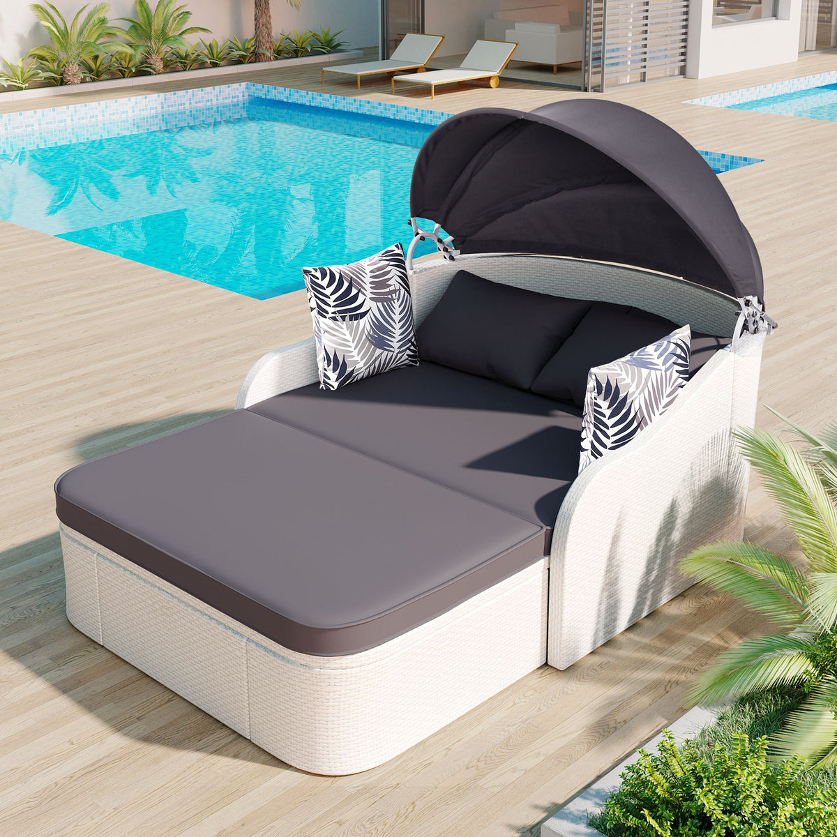 79.9" Outdoor Sunbed with Adjustable Canopy, Double lounge, PE Rattan Daybed, White Wicker, Gray Cushion