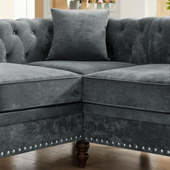 Button Tufted Upholstered L-shaped Sofa with 3 Pillows, Solid Wood Gourd Legs, Grey velvet