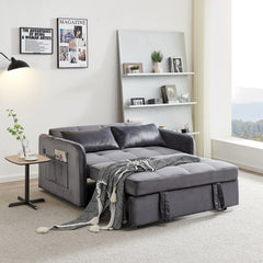 3 In 1 Velvet Sleeper Sofa Bed W/ Reclining Backrest, Toss Pillows, Pockets, Gray