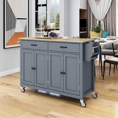 54.3" Kitchen Island Cart with Solid Wood Top, Locking Wheels, 4 Door Cabinets, Two Drawers, Spice Rack & Towel Rack, Grey Blue