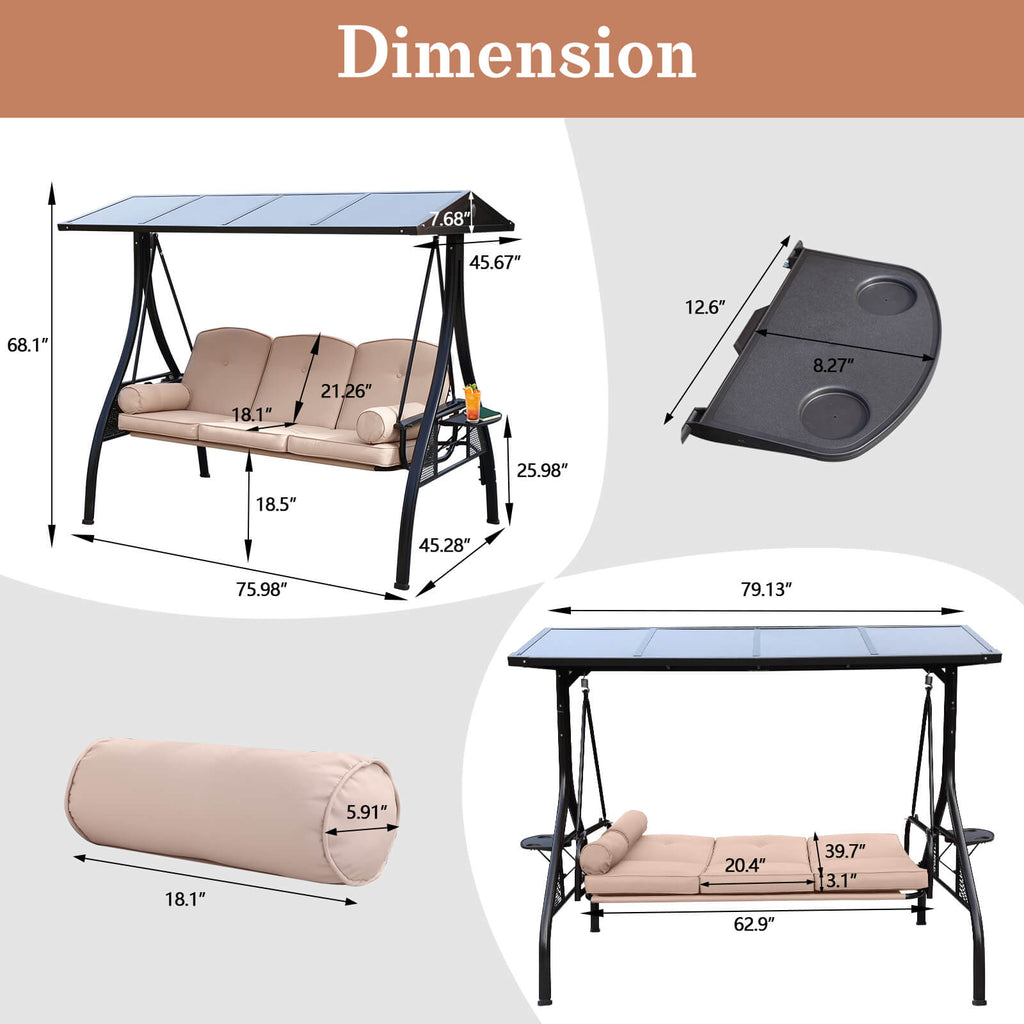 3Seat Patio Porch Swing with Polycarbonate Canopy, Cushion, Cup Holder NOBLEMOOD