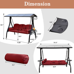 Patio Porch Swings with Adjustable PC Canopy, 3 Cushions, 2 Foldable Cup Holders & 4 Pillows, Wine Red
