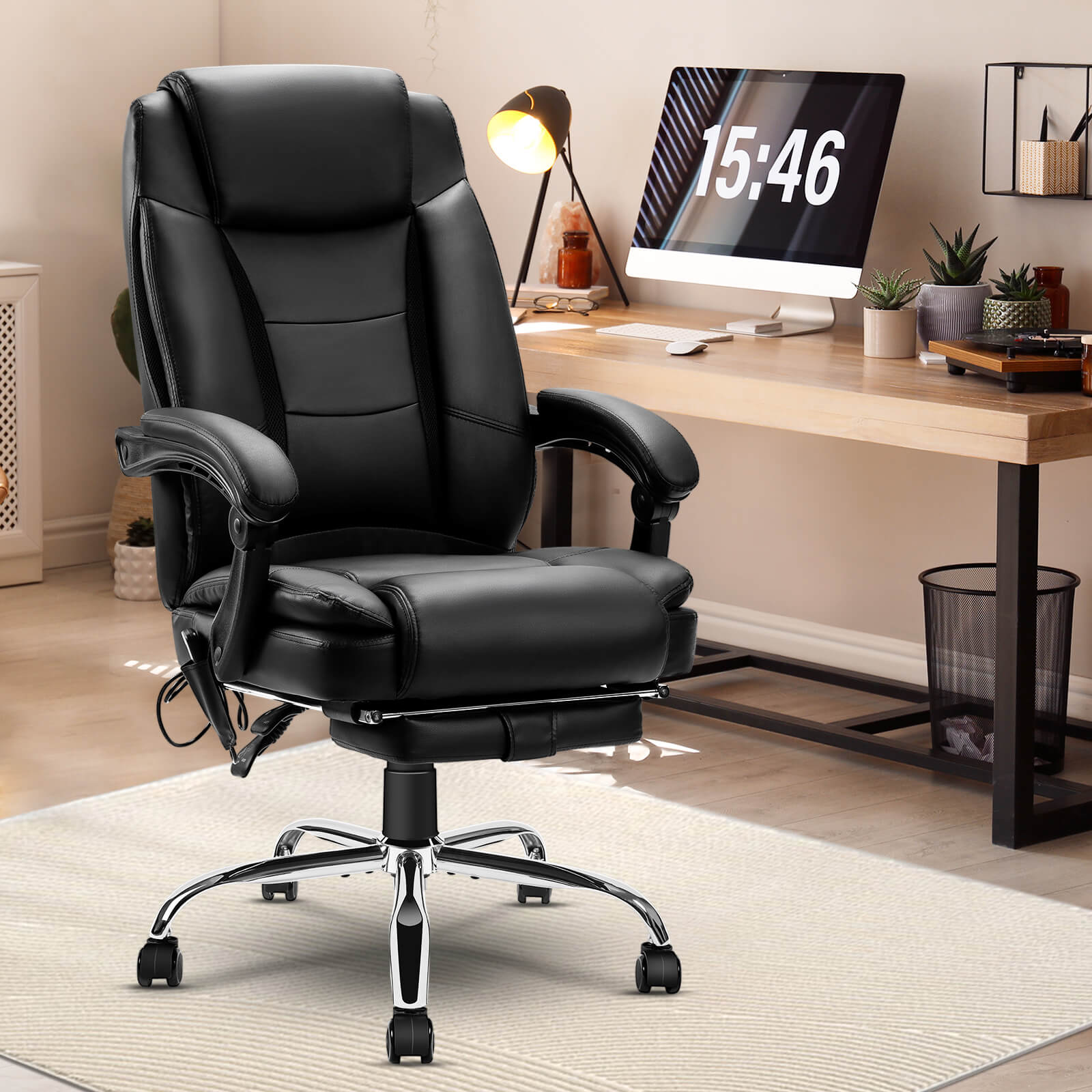 Massage Reclining Leather Office Chair High Back Executive Office Chair  with Footrest Ergonomic Adjustable Seat Height and Back Recline Desk and  Task Chair with Thick Seat Cushion 
