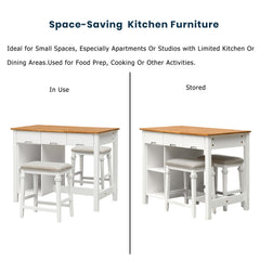 3-Piece 45" Stationary Rubber Wood Kitchen Island Set with 2 Seatings, 2 Shelves & 3 Drawers, White