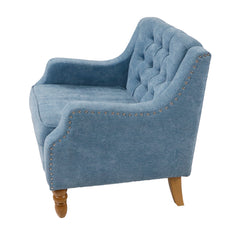 NOBLEMOOD Accent Chair with Vintage Brass Studs and Wood Legs, Button Tufted Upholstered Armchair, Blue