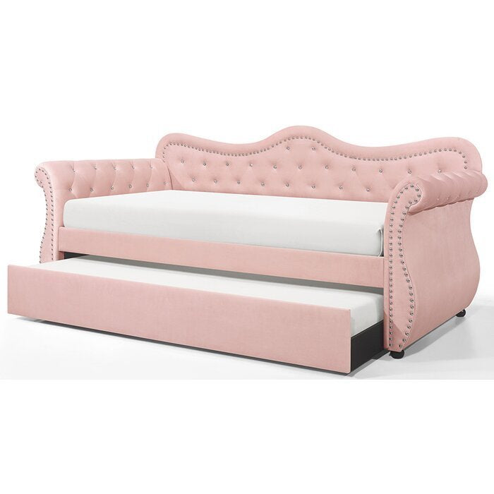 NOBLEMOOD Upholstered Velvet Daybed with Trundle, Twin Size Daybed with Rolled Armrest, Curved Backrest and Neilhead for Living Room, Guest Room, Pink