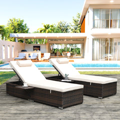 2 Pieces Outdoor Wicker Chaise Lounge Chair with Foldable Side Table, White Cushions & Head Pillow