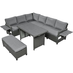 5-Piece Patio Rattan Dining Set with 2 Extendable Side Tables, Washable Covers, Gray