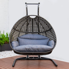 Double-Seat Hanging Swing Chair with Stand, Dust Blue Cushion, Charcoal Wicker