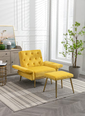 NOBLEMOOD Velvet Accent Chair with Adjustable Armrests and Backrest, Button Tufted Lounge Chair, Yellow