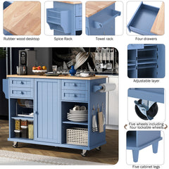 52.8" Width Kitchen Island Cart with Spice Rack, Towel Rack, Drawer, Rubber Wood Desktop & 5 Wheels Including 4 Lockable Wheels, Blue