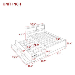 Full Bed with Bookcase,Twin Trundle with Drawers, Gray