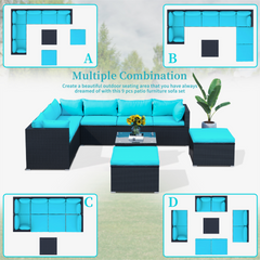 9-piece Outdoor Wicker conversation Sectional Sofa Sets with 2 Ottomans, 1 Glass Coffee Table, Removable Soft Cushions (Black Wicker, Blue Cushion)