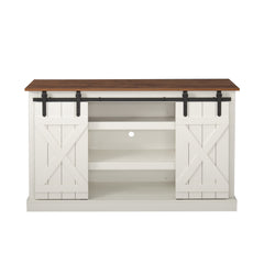 Farmhouse TV Stand with Sliding Barn Doors & Flat Screen for 60 Inch TV, White