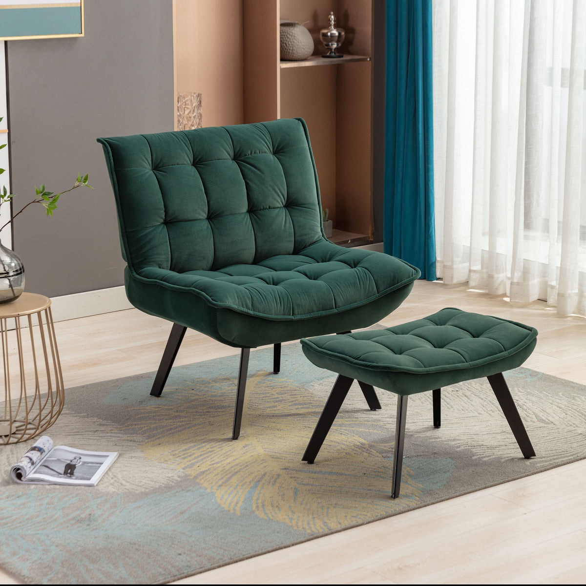 Modern Soft Velvet Fabric Material Large Width Accent Chair Leisure Chair Armchair TV Chair Bedroom Chair With Ottoman Black Legs For Indoor Home And Living Room,Dark Green