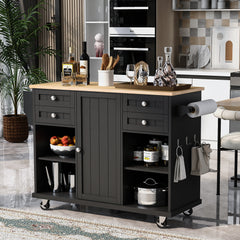 52.8" Width Kitchen Island Cart with Spice Rack, Towel Rack, Drawer, Rubber Wood Desktop & 5 Wheels Including 4 Lockable Wheels, Black