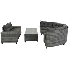 8-pieces Outdoor Wicker Round Sofa Set, Half-Moon Sectional Sets With Coffee Table, Movable Cushion, Gray