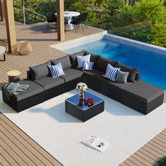8-Pieces Garden Conversation Wicker Sofa Set, Single Sofa Combinable, Gray Cushions Black Wicker