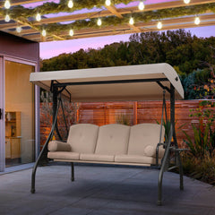 3-Seat Outdoor Porch Swing Chair, Canopy Porch Swing Bed with 2 Foldable Side Trays, 3 Cushions & 2 Pillows, Khaki