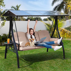 3-Seat Outdoor Porch Swings with Adjustable PC Canopy, 3 Cushions, 2 Foldable Cup Holders & 4 Pillows, Khaki