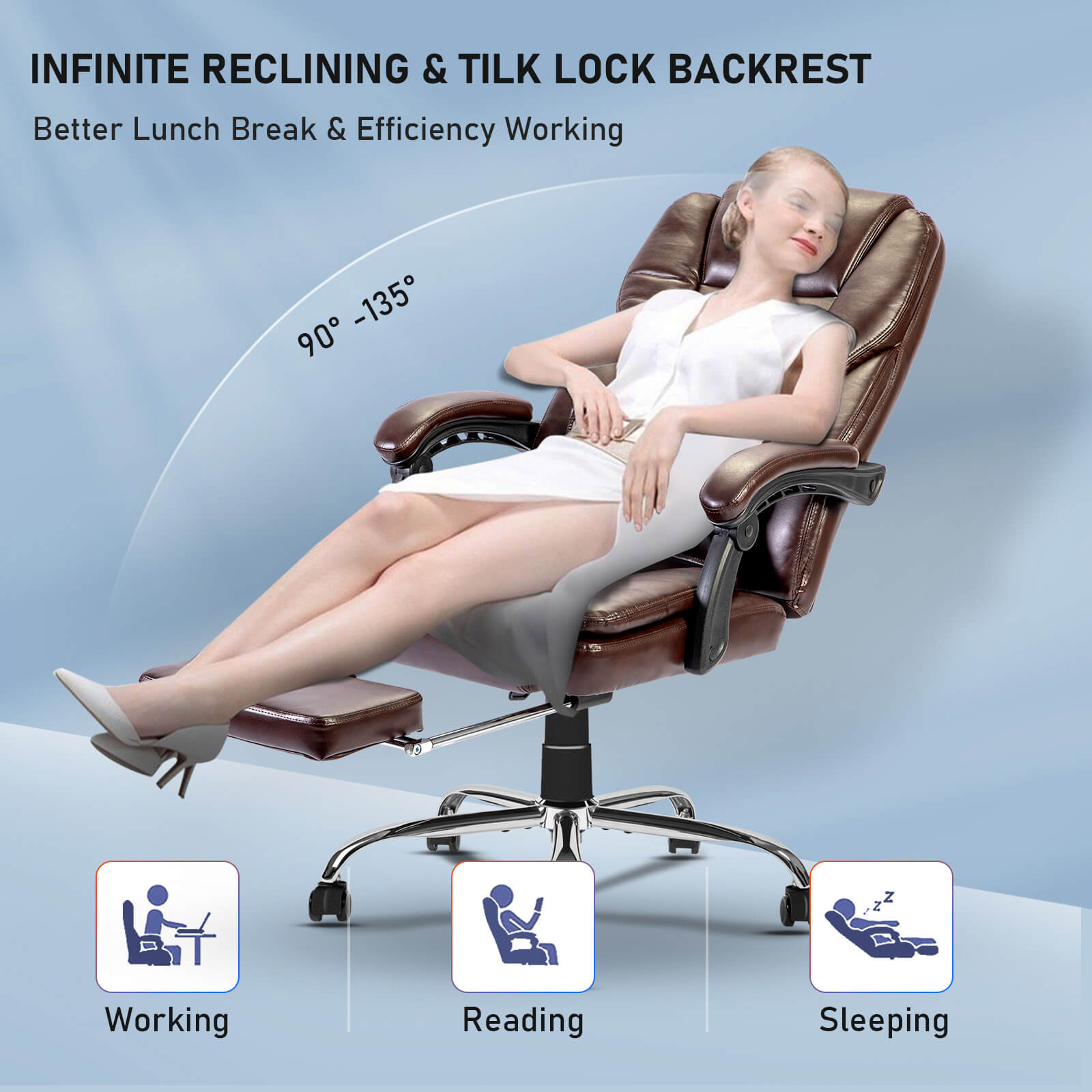 Big and Tall Ergonomic Executive Office Chair w/ 4-Point Massage & Heating, Reclining Backrest, Footrest & Pillow, Brown