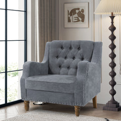 NOBLEMOOD Accent Chair with Vintage Brass Studs and Wood Legs, Button Tufted Upholstered Armchair, Gray