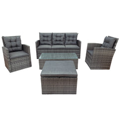 5-piece Outdoor UV-Resistant Sofa Set with Storage Bench, Glass Table, Gray