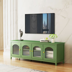 71" Stylish TV Stand with Solid Wood Frame & Glass Door, Antique Green